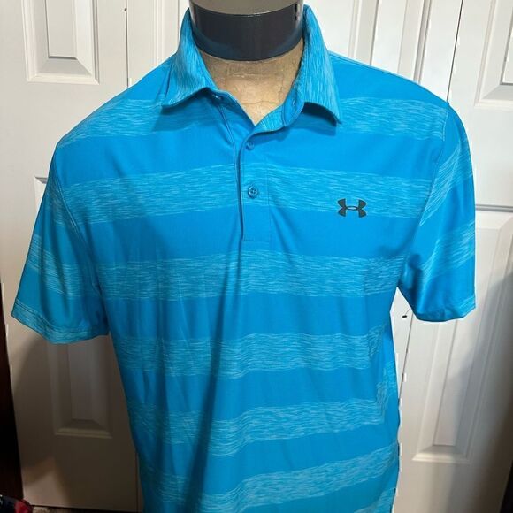 Under Armour HeatGear Mens Large Blue Striped Short Sleeve Polo - Picture 1 of 5